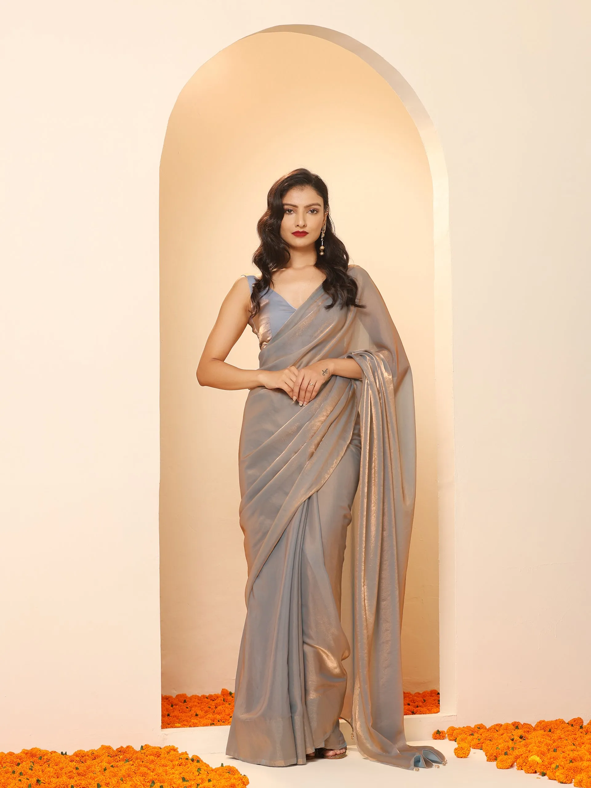 Copper Grey Metallic Satin Saree with Beads with Blouse Fabric