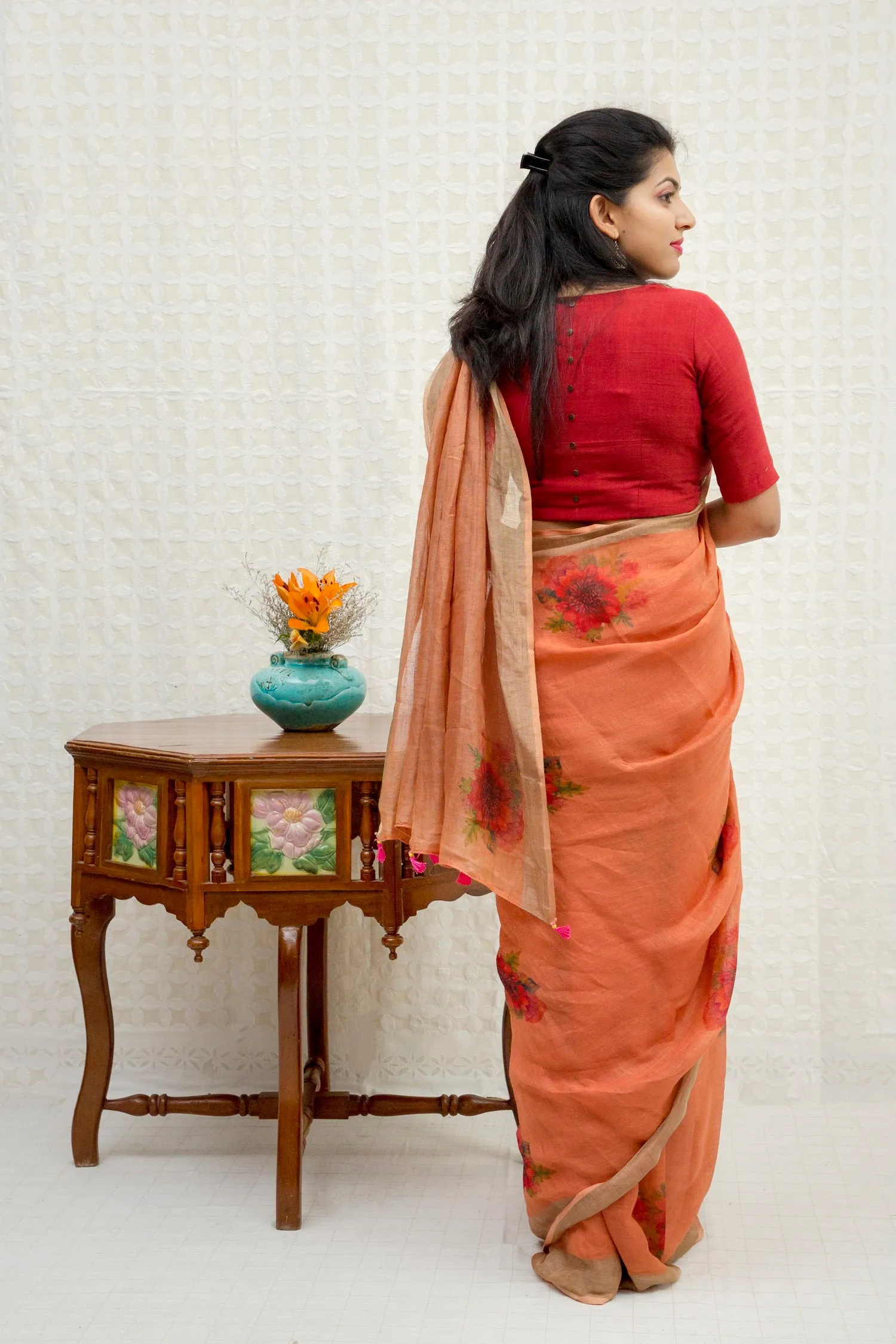 Coral Linen with Red Clusters