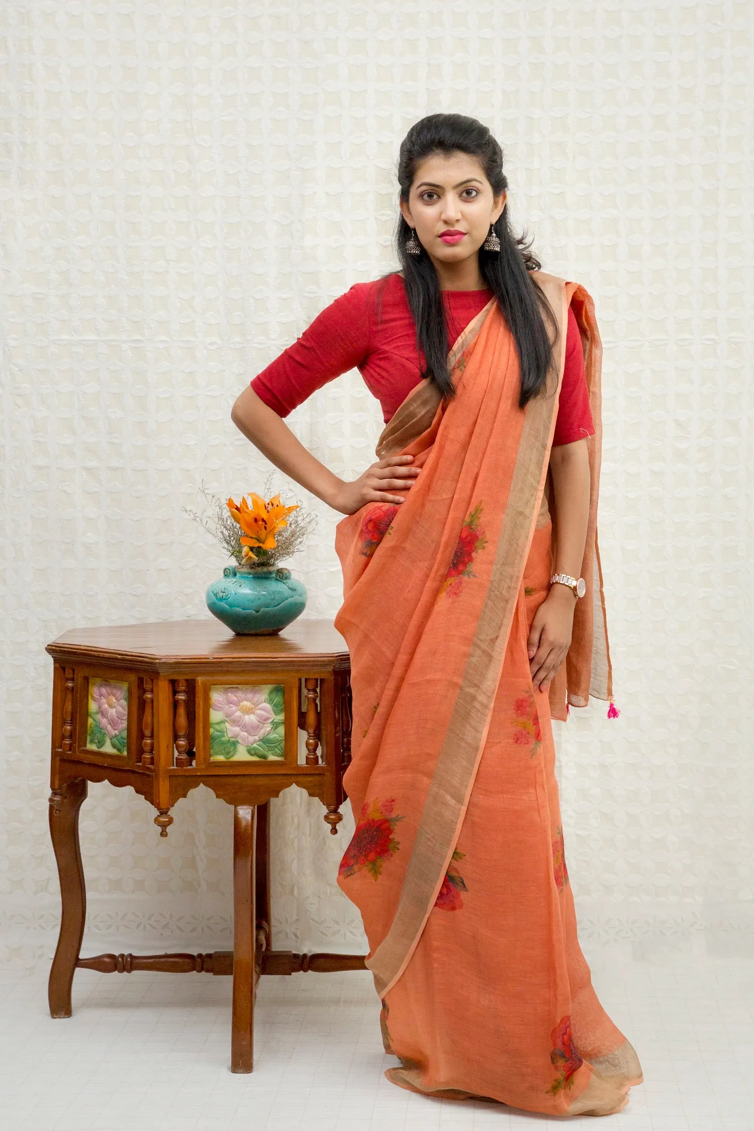 Coral Linen with Red Clusters