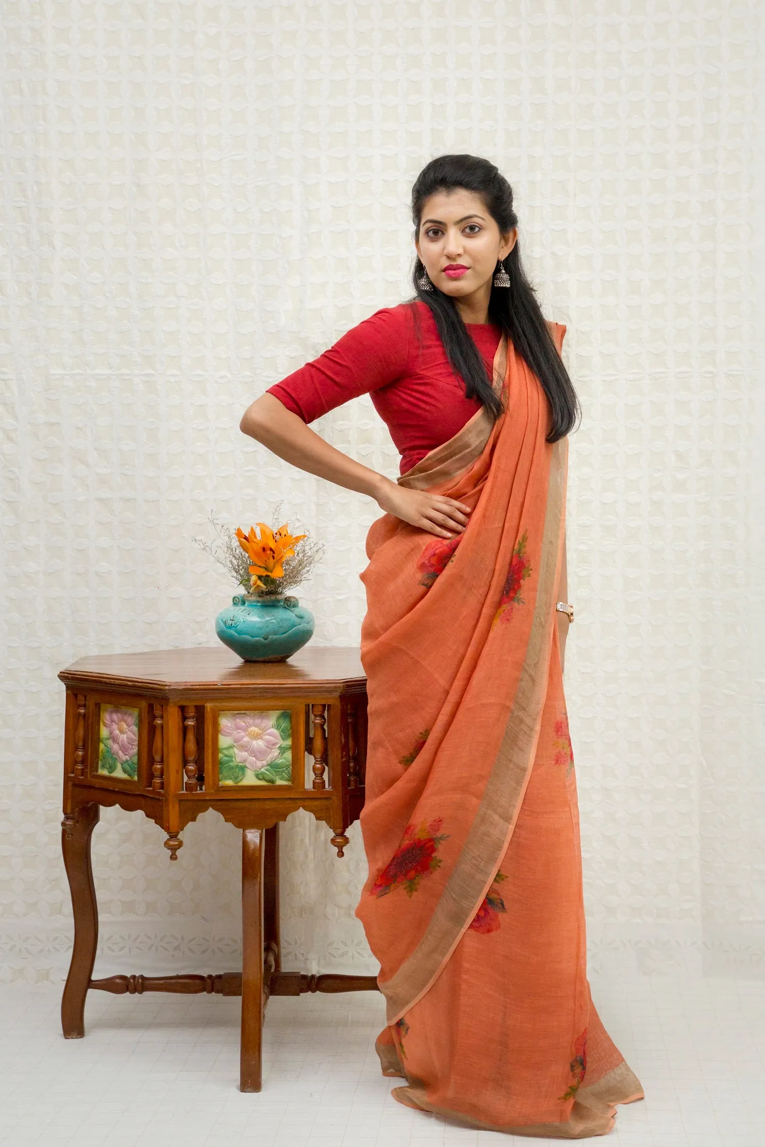 Coral Linen with Red Clusters