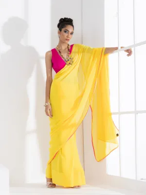Corn Yellow Textured Chiffon Saree with Pink Piping and Fuchsia Blouse Fabric
