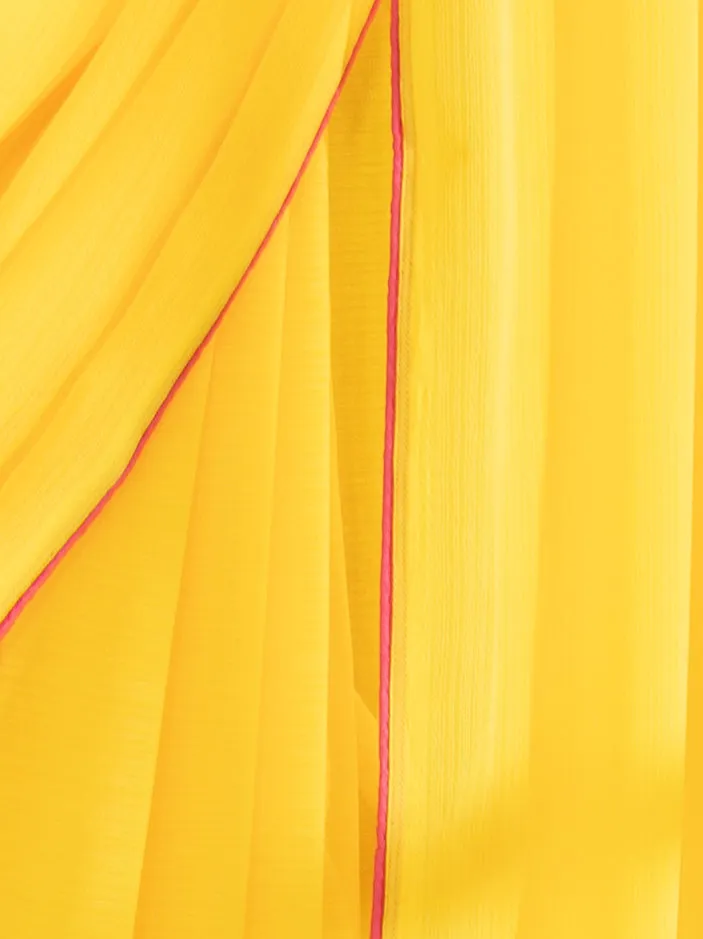 Corn Yellow Textured Chiffon Saree with Pink Piping and Fuchsia Blouse Fabric