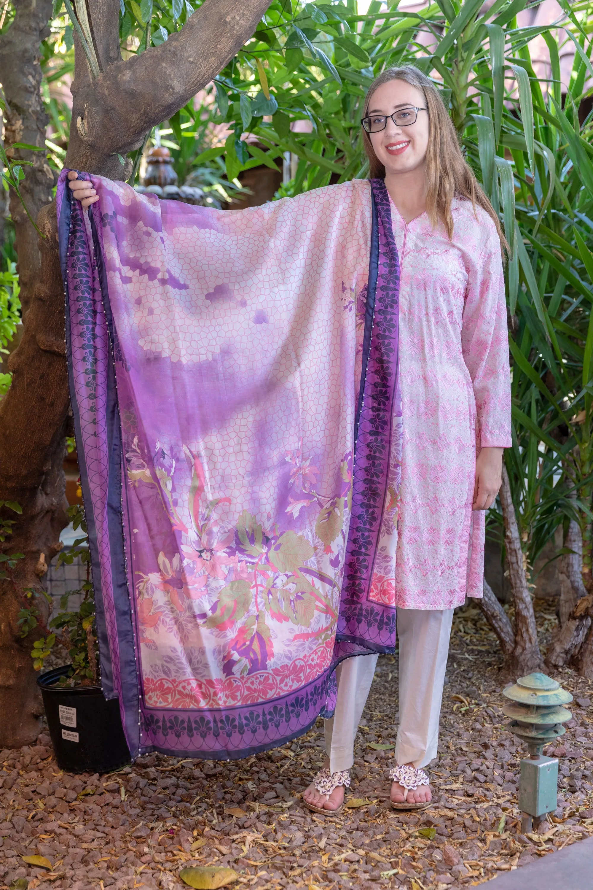 Cotton-Lawn White Salwar Kameez Suit with Pink Embroidery