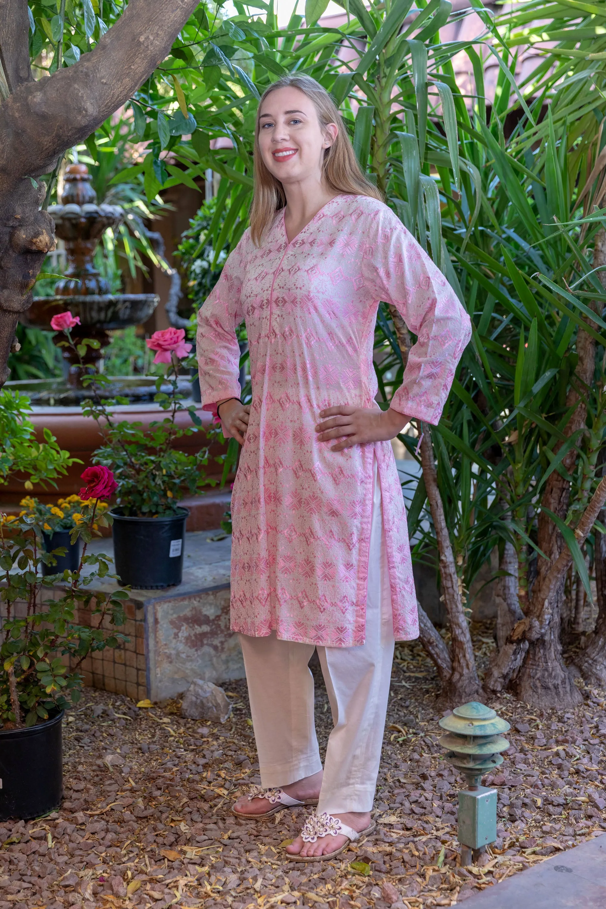 Cotton-Lawn White Salwar Kameez Suit with Pink Embroidery