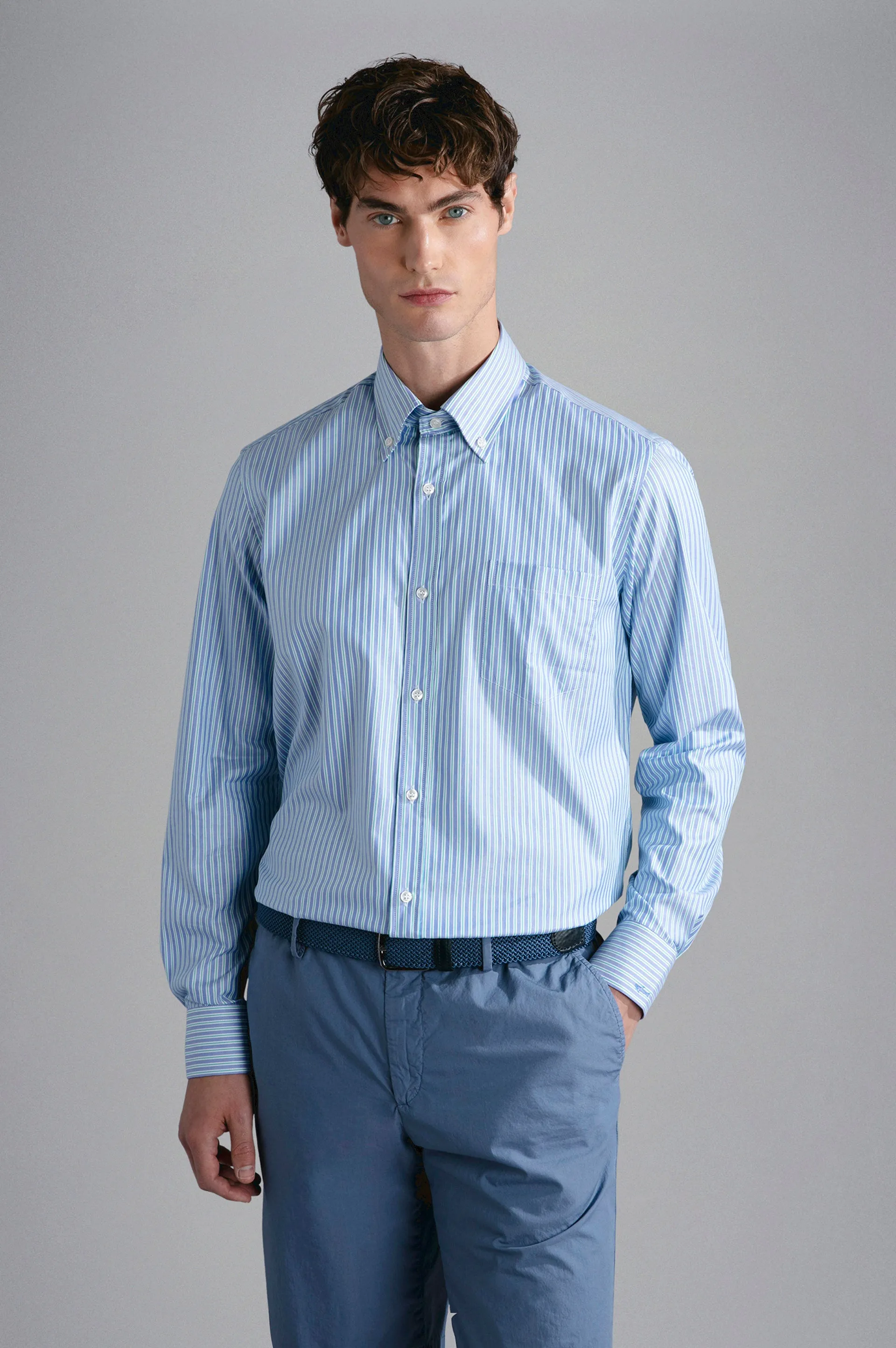 Cotton Oxford Multi Stripe Shirt in Blue/White/Green