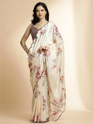 Cream Floral Printed Mirror Work Satin Saree