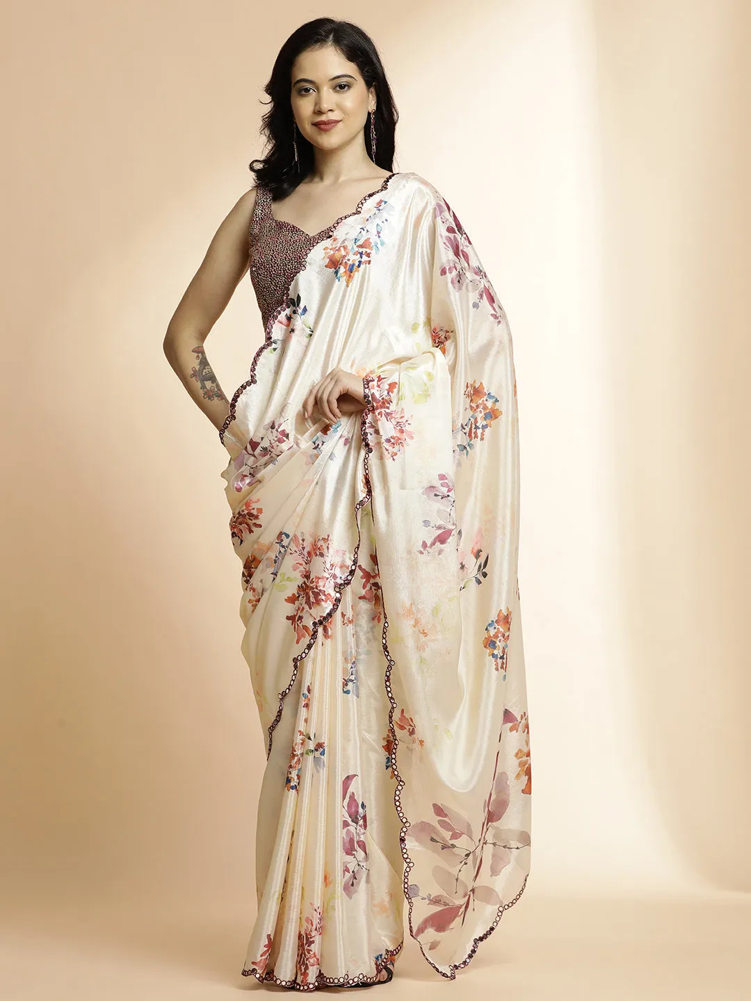 Cream Floral Printed Mirror Work Satin Saree