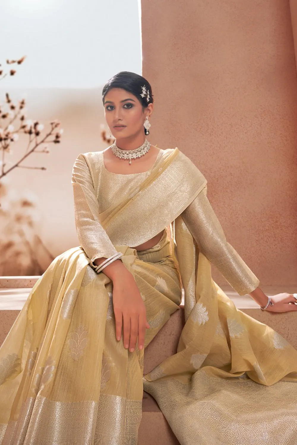 Cream Soft Linen Saree with blouse