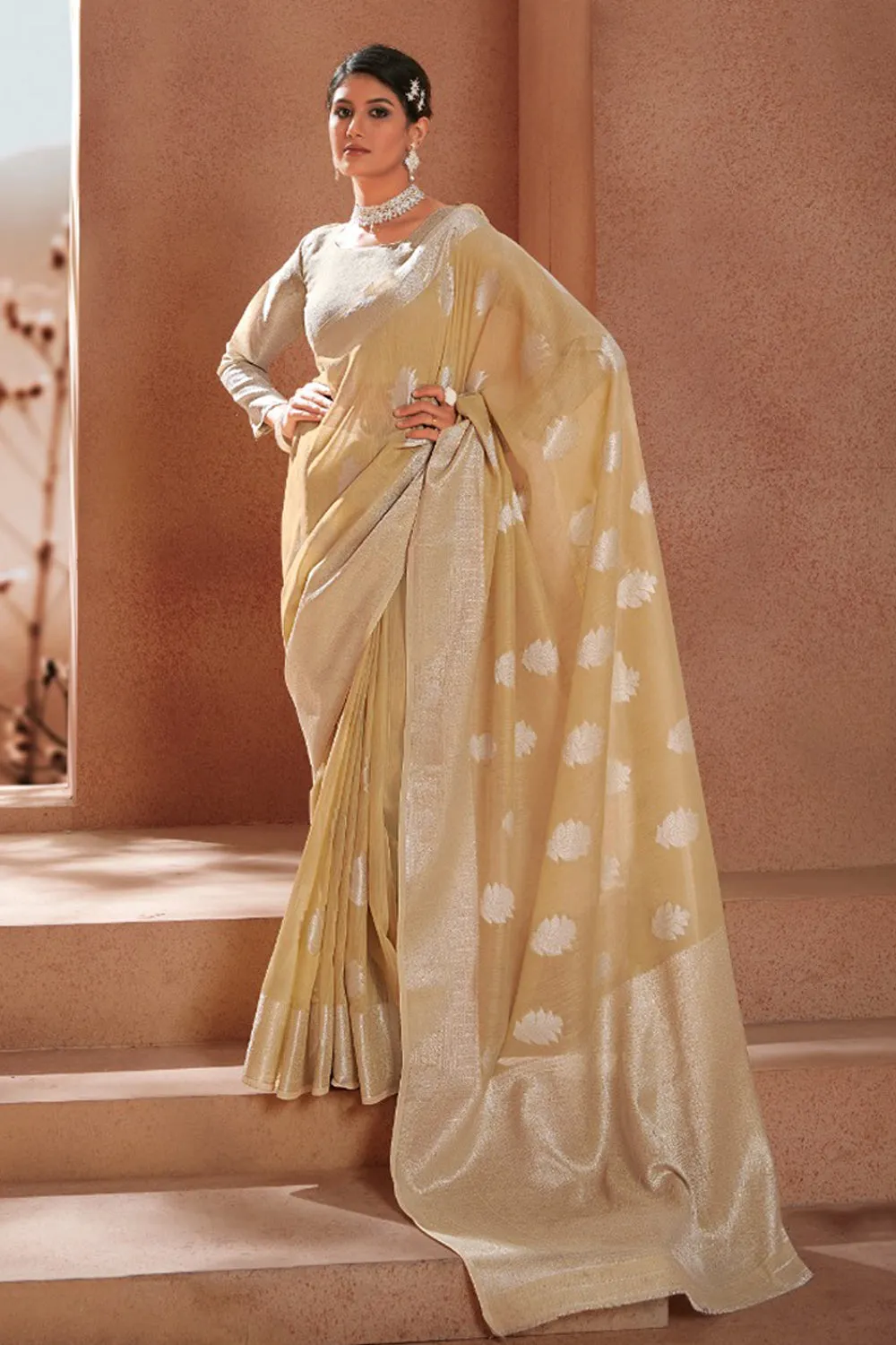 Cream Soft Linen Saree with blouse