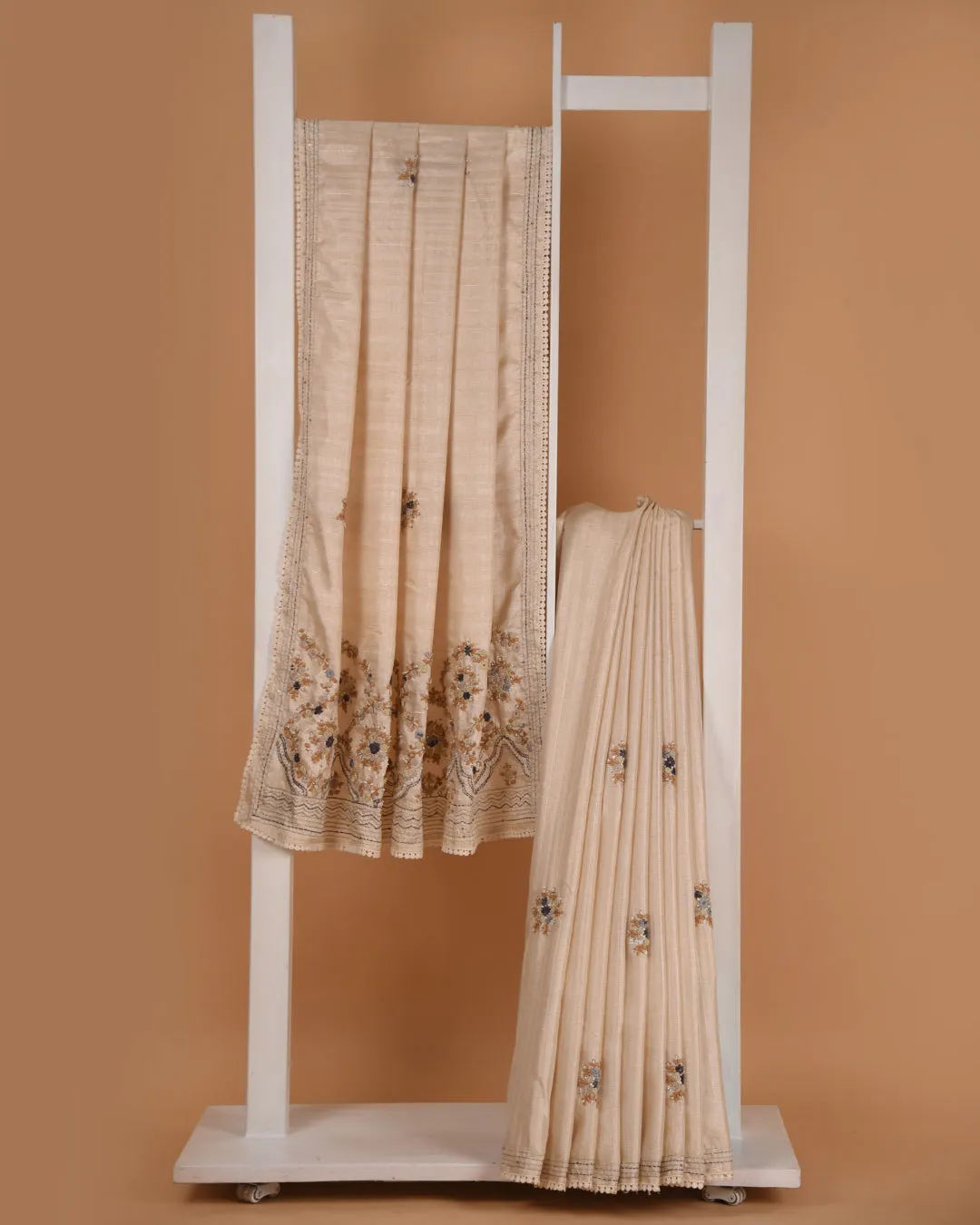 Cream With Mustard Cotton Silk Blend Embroidered Saree With Cream Cotton Silk Blouse