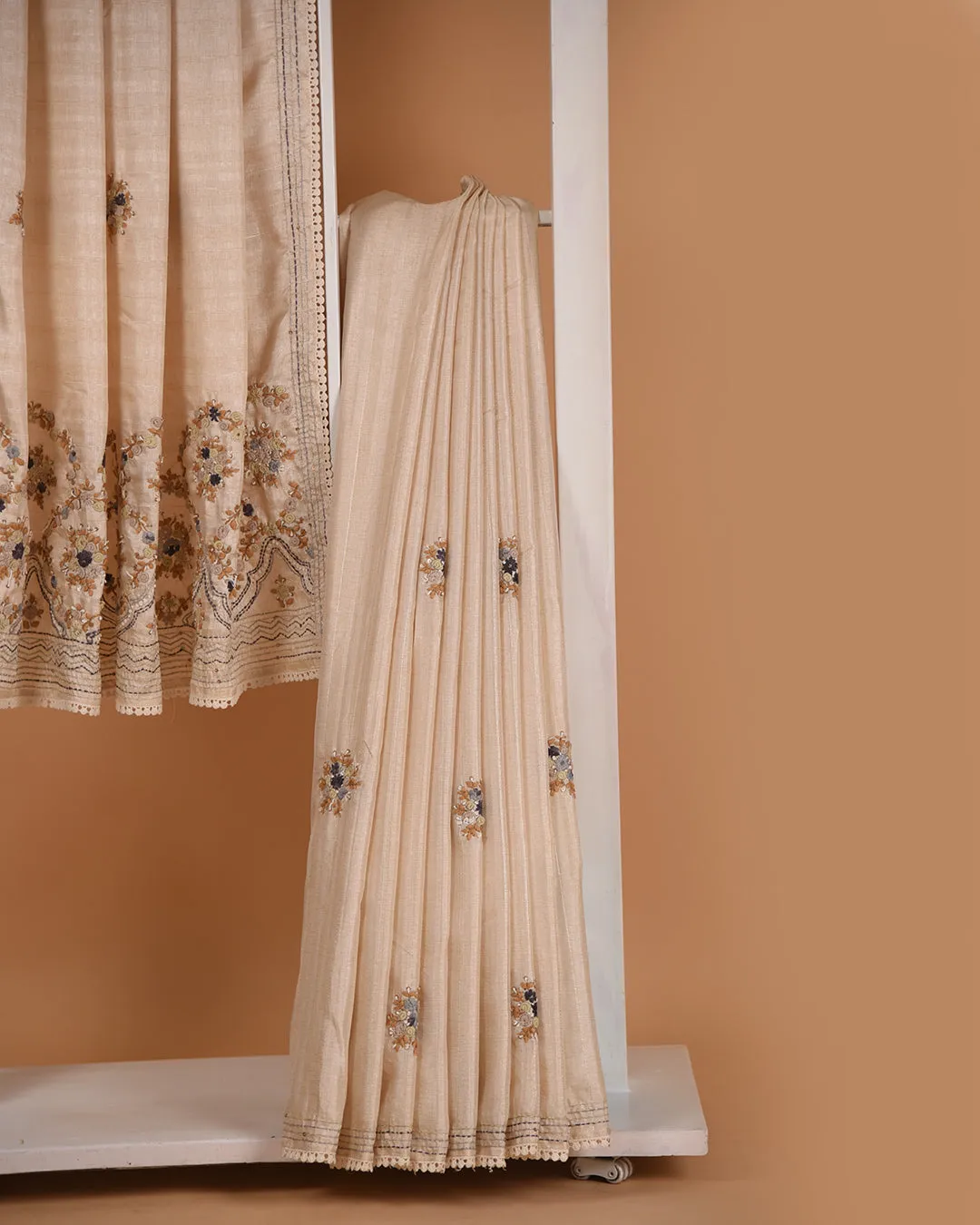 Cream With Mustard Cotton Silk Blend Embroidered Saree With Cream Cotton Silk Blouse