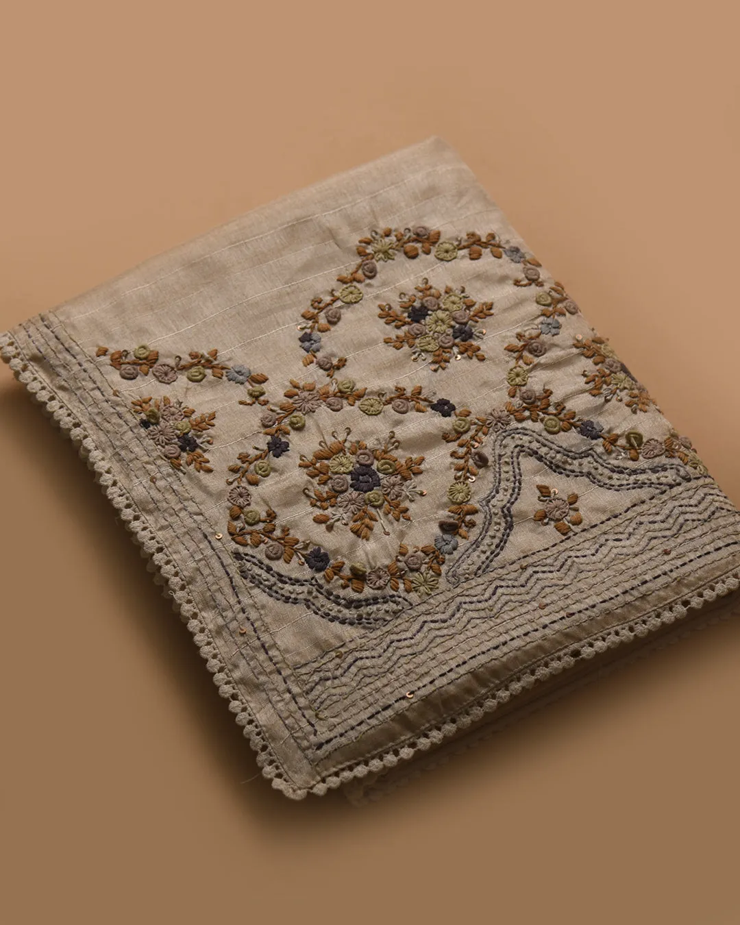 Cream With Mustard Cotton Silk Blend Embroidered Saree With Cream Cotton Silk Blouse