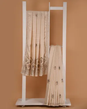 Cream With Mustard Cotton Silk Blend Embroidered Saree With Cream Cotton Silk Blouse