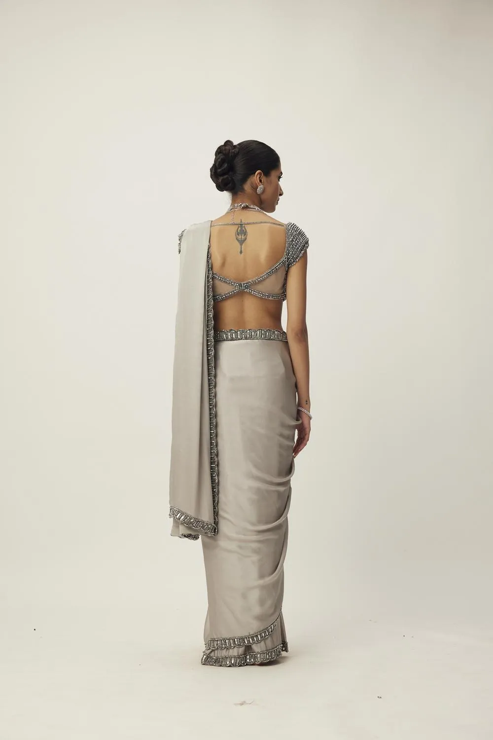 Crystal Grey Satin Saree Set