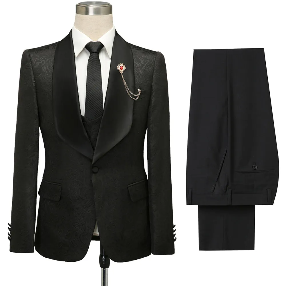 Custom design Black Jacquard Shawl Lapel Wedding Suits