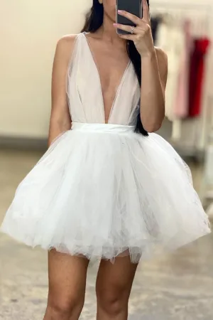 Cute V Neck Short White Prom Dress, V Neck White Homecoming Dress, White Formal Graduation Evening Dress