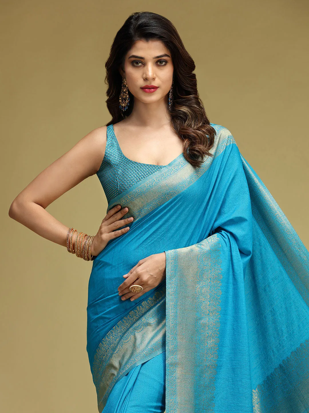 Cyan Blue Linen Silk Saree With Golden Zari Border