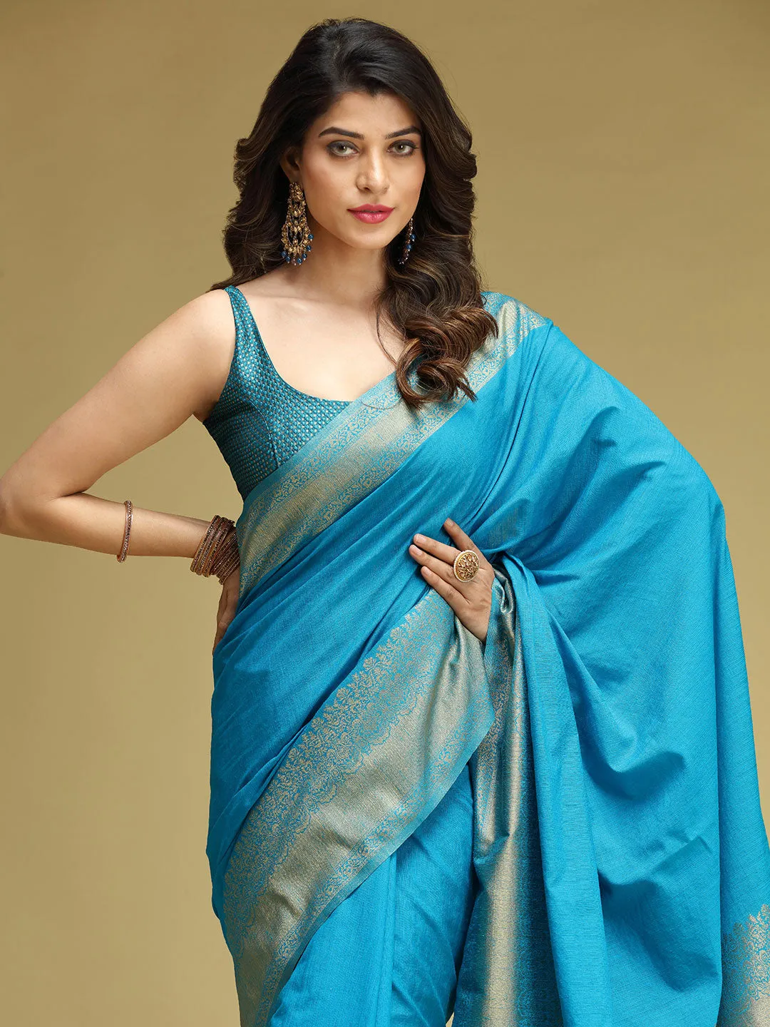 Cyan Blue Linen Silk Saree With Golden Zari Border