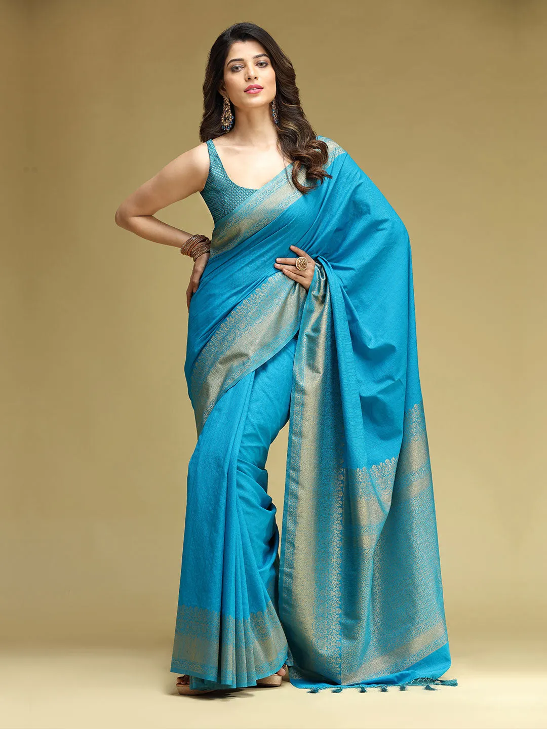 Cyan Blue Linen Silk Saree With Golden Zari Border