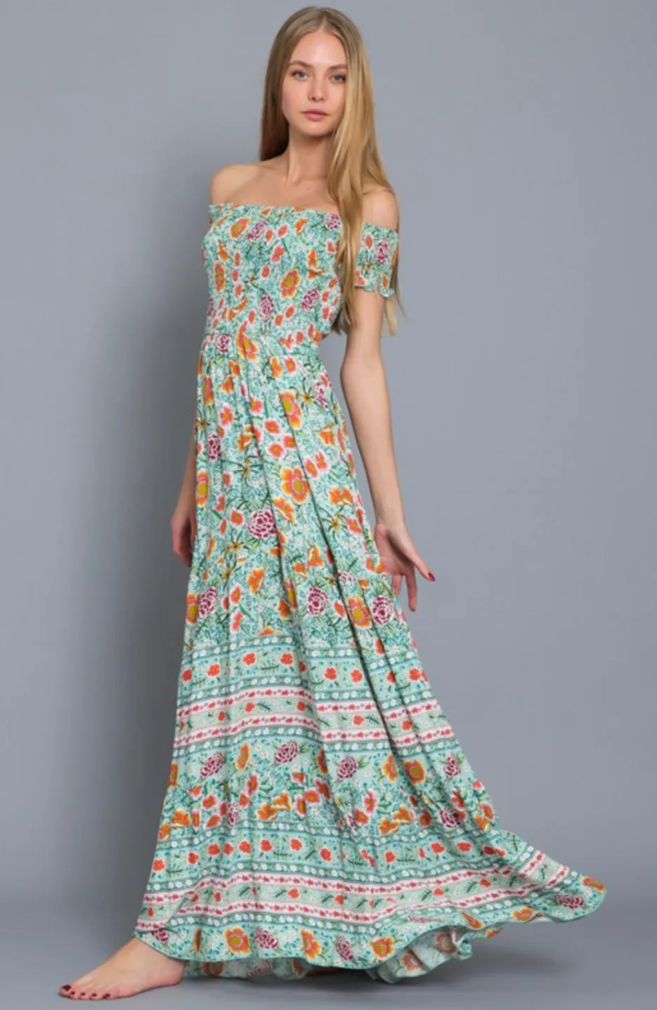 D108 OFF SHOULDER PRINT DRESS