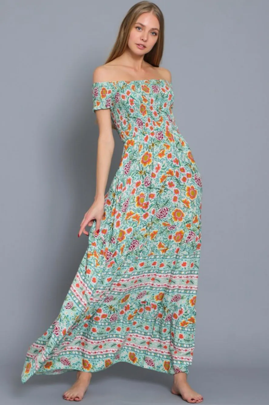 D108 OFF SHOULDER PRINT DRESS