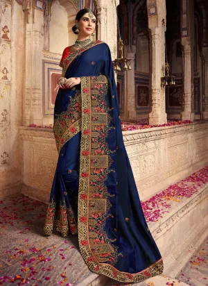 Dark Blue And Red Zari Embroidered Traditional Saree