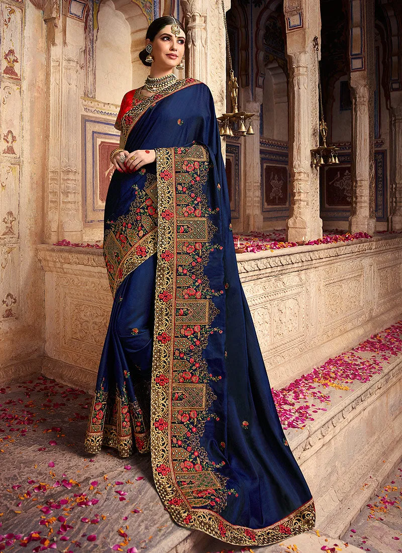 Dark Blue And Red Zari Embroidered Traditional Saree