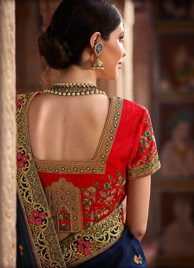 Dark Blue And Red Zari Embroidered Traditional Saree