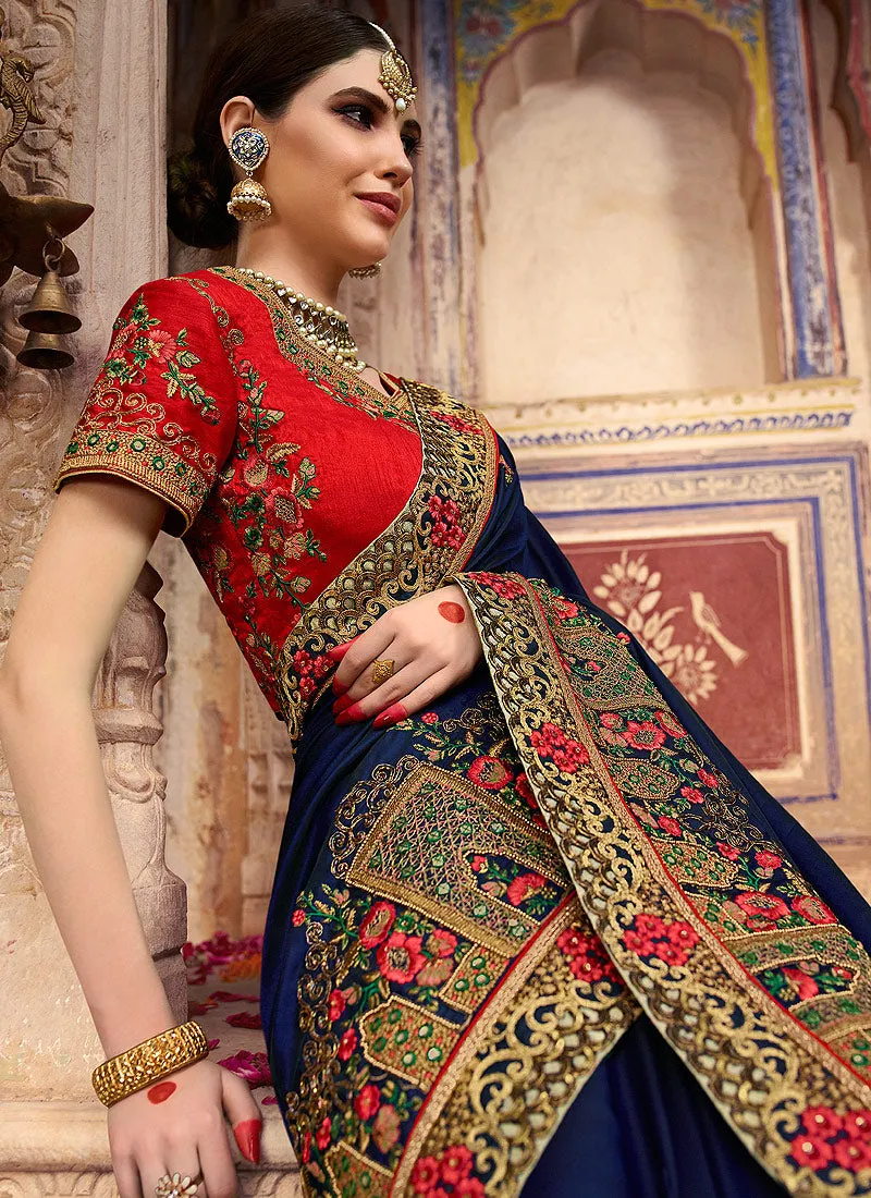 Dark Blue And Red Zari Embroidered Traditional Saree