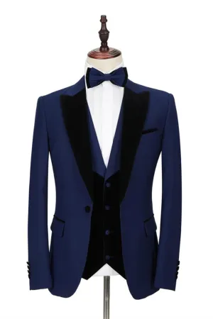 Dark Blue Peak Lapel Men Wedding Suit Velvet Lapel Formal Suit