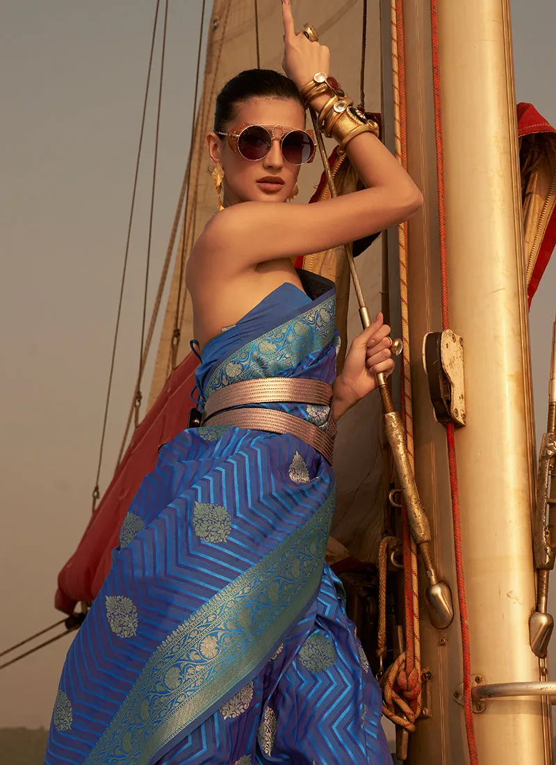 Dark Blue Two Tone Zari Weaved Satin Silk Saree