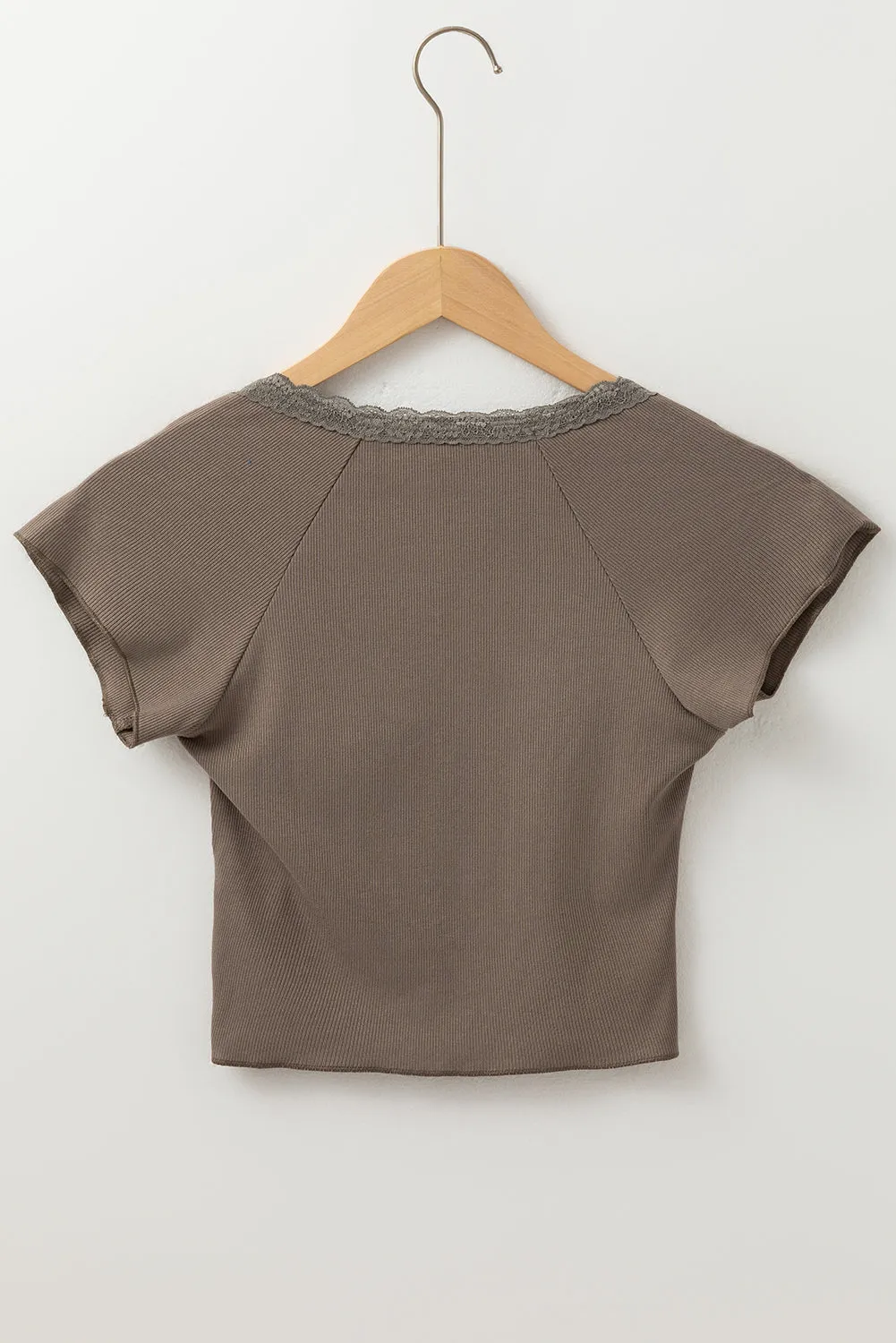Dark Brown Lace Splicing Criss Cross Slim Fit V Neck T Shirt