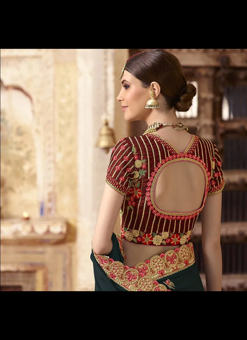 Dark Green And Red Zari Embroidered Traditional Saree