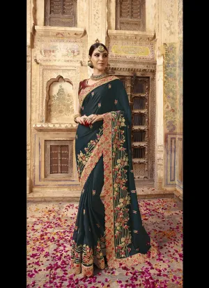 Dark Green And Red Zari Embroidered Traditional Saree