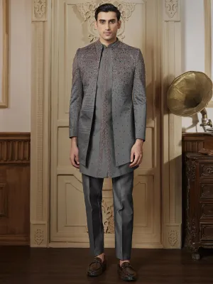 Dark Grey Embellished Three Piece Indo Western Suit