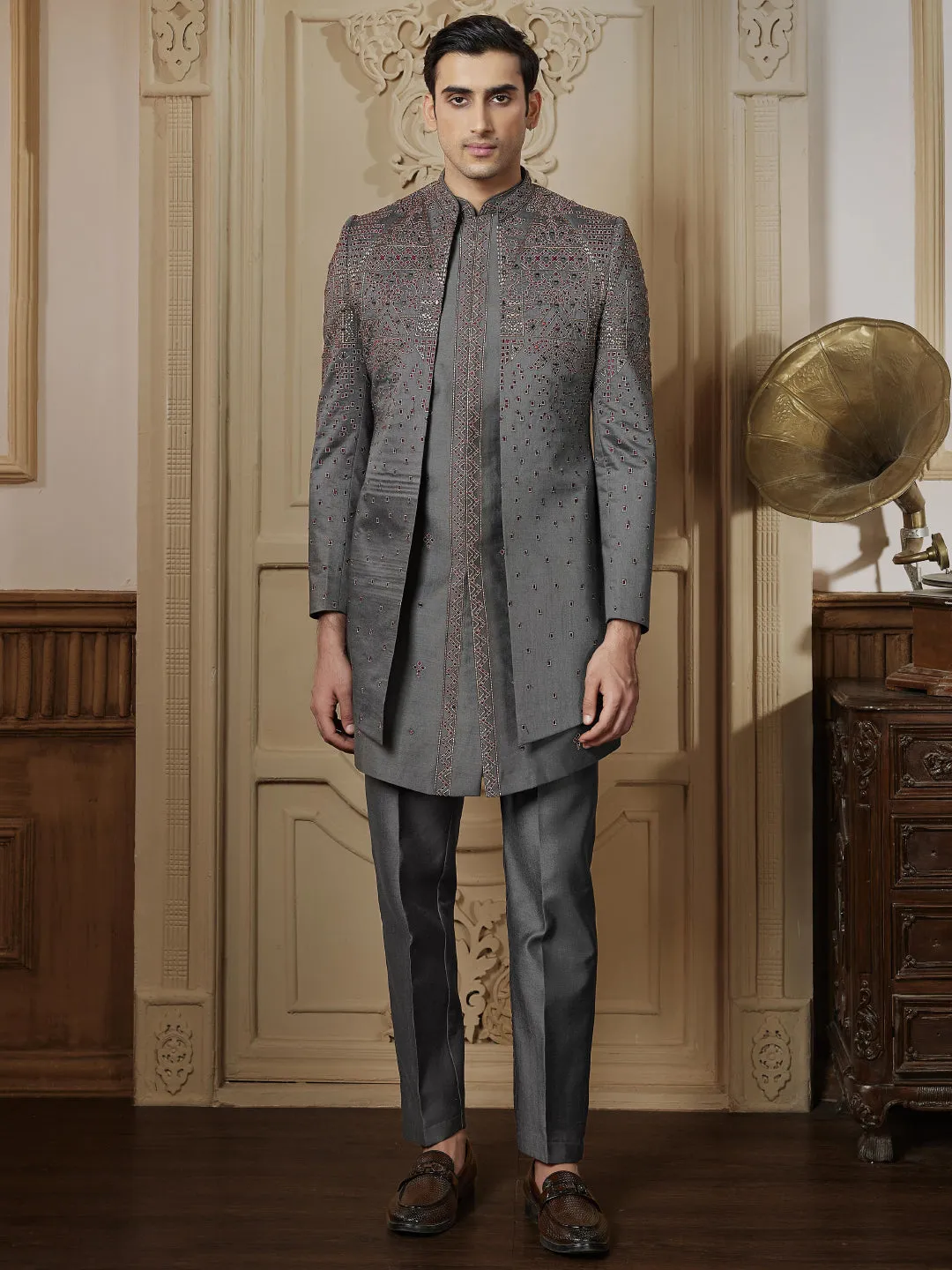 Dark Grey Embellished Three Piece Indo Western Suit