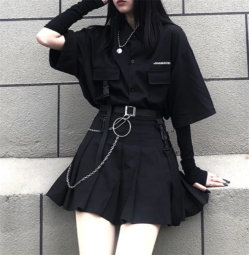 Dark top   belt   skirt suit KF82641