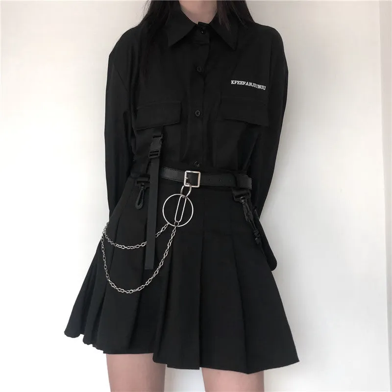Dark top   belt   skirt suit KF82641