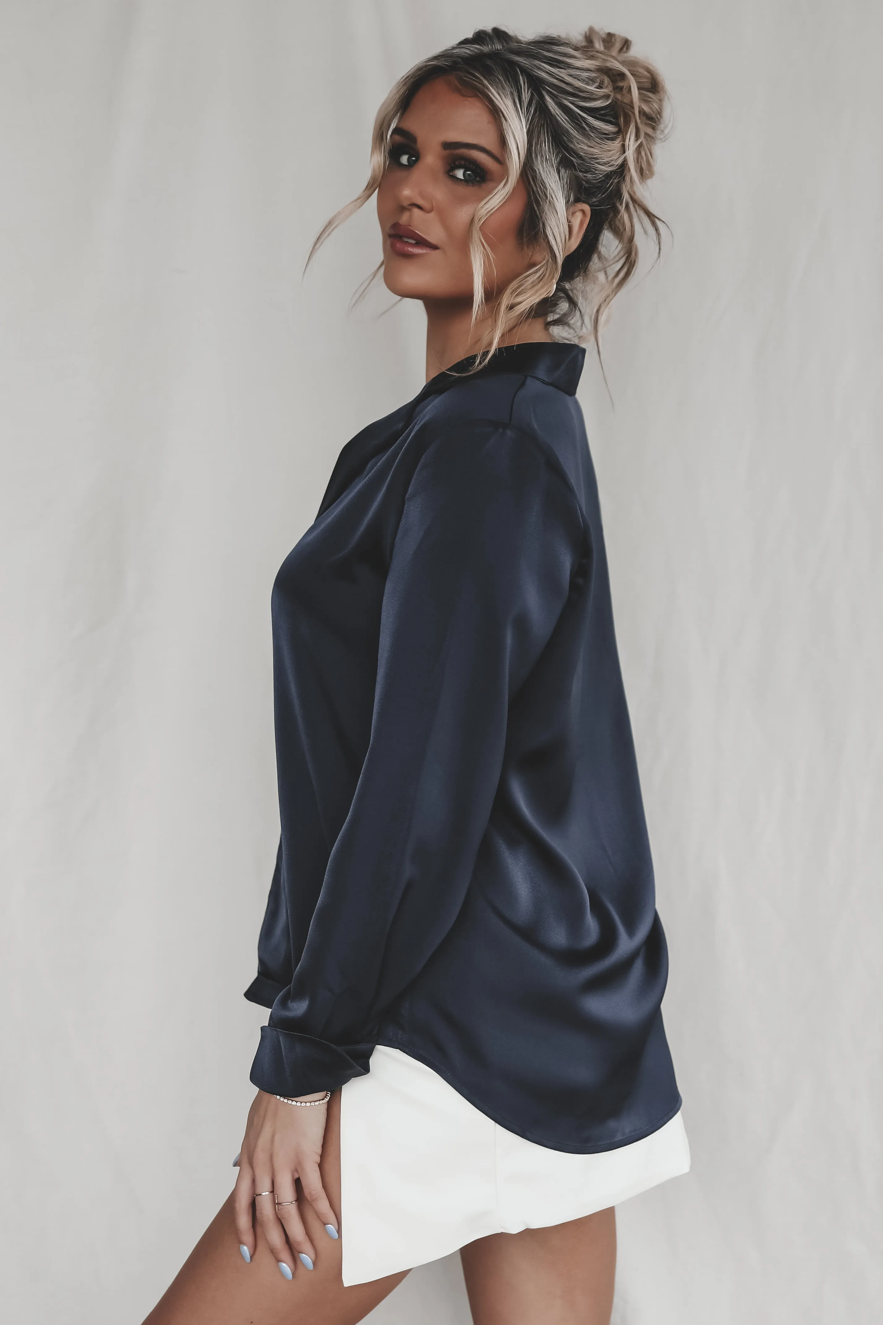 DEAL Nice To Meet You Navy Satin Top