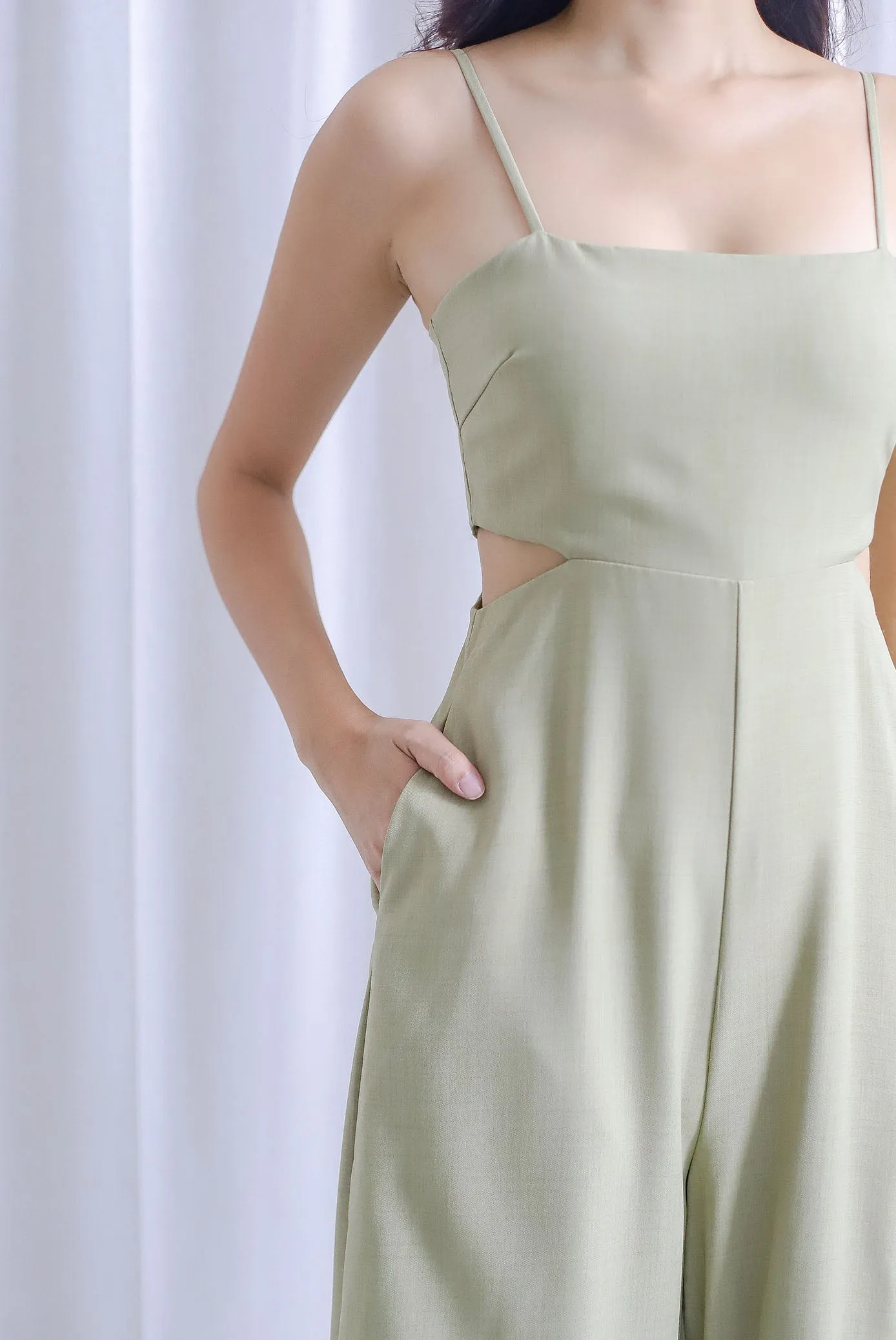 Dean Spaghetti Cut Out Slit Jumpsuit In Sage