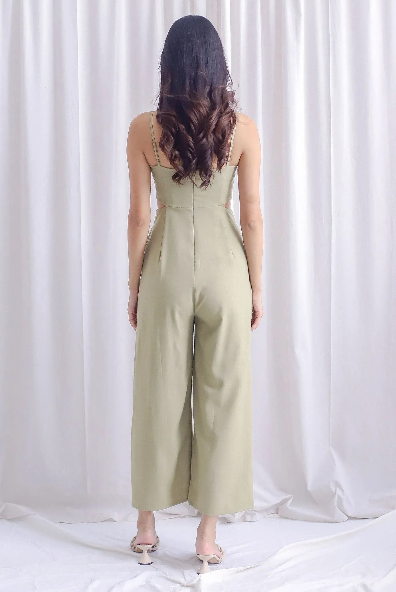 Dean Spaghetti Cut Out Slit Jumpsuit In Sage
