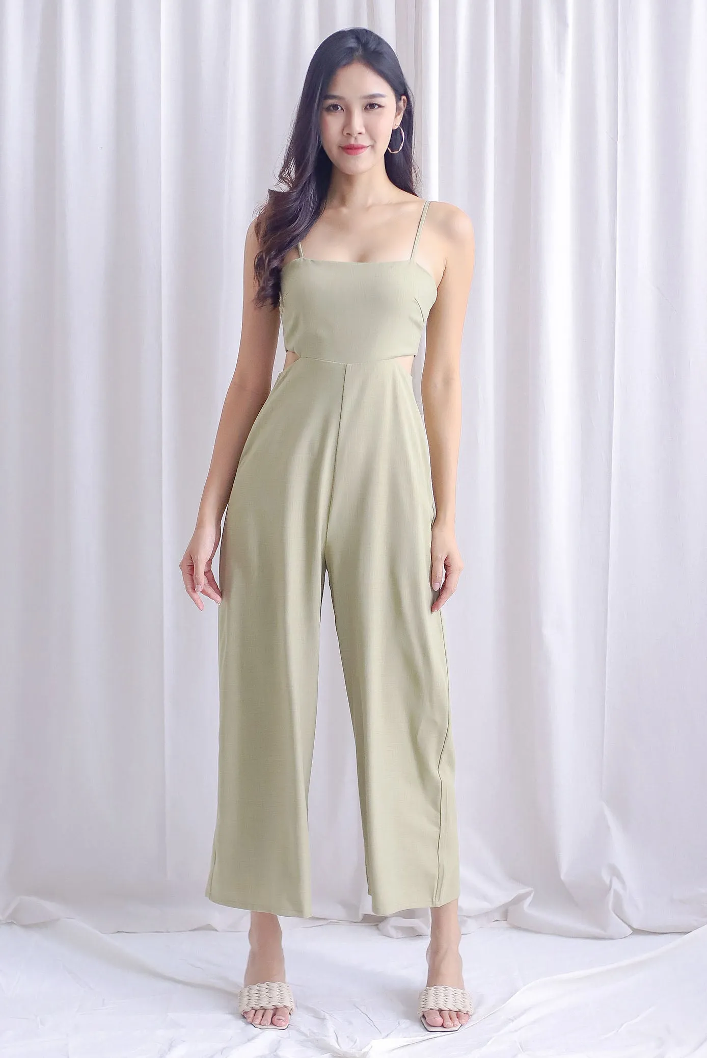 Dean Spaghetti Cut Out Slit Jumpsuit In Sage