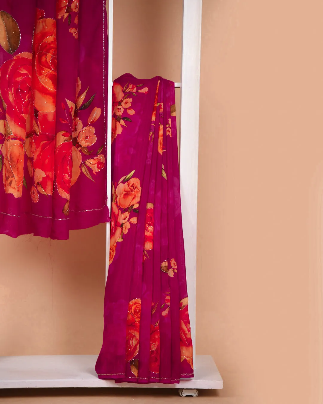 Deep Pink Muslin Organza Blend Printed With Embellishment Saree With Georgette Blouse