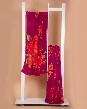 Deep Pink Muslin Organza Blend Printed With Embellishment Saree With Georgette Blouse
