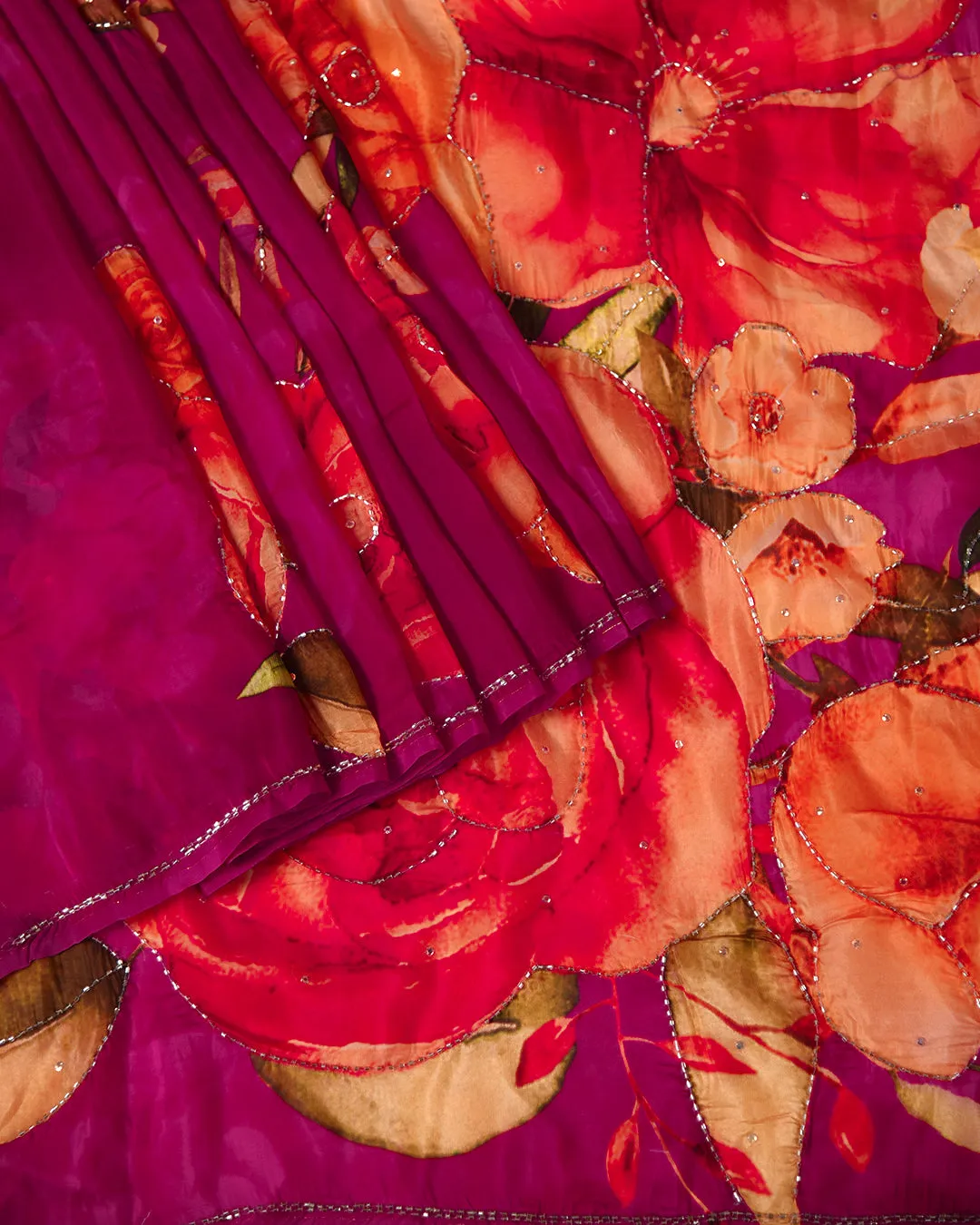 Deep Pink Muslin Organza Blend Printed With Embellishment Saree With Georgette Blouse