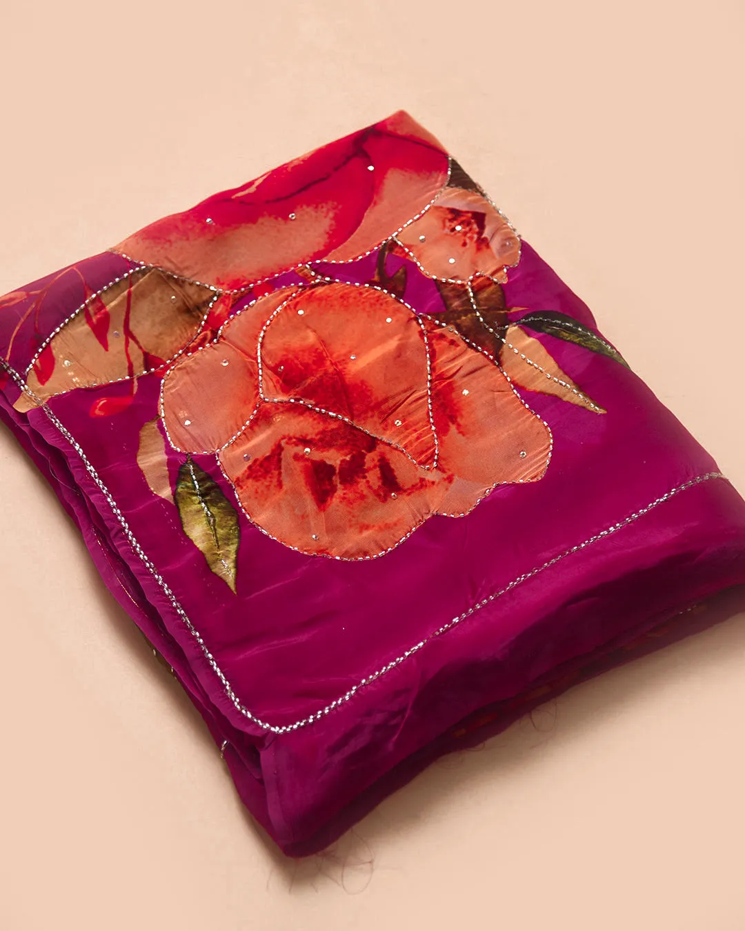 Deep Pink Muslin Organza Blend Printed With Embellishment Saree With Georgette Blouse