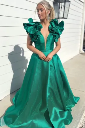Deep V Neck Green Satin Long Prom Dress, V Neck Green Formal Dress, Green Evening Dress A2045