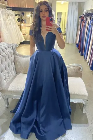 Deep V Neck Off Shoulder Blue Satin Long Prom Dress, Off the Shoulder Blue Formal Graduation Evening Dress