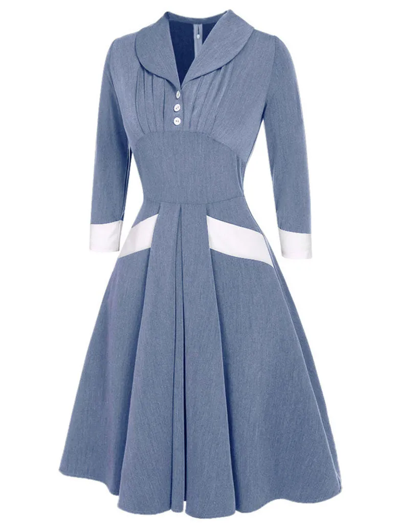 Denim Blue Turn Down Collar 1950S Vintage Swing Dress