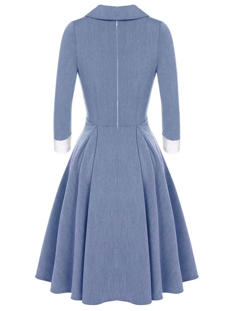 Denim Blue Turn Down Collar 1950S Vintage Swing Dress